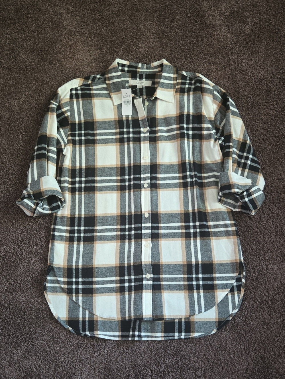 NEW Ann Taylor Loft Tan Cream Black Plaid Tunic Shirt M